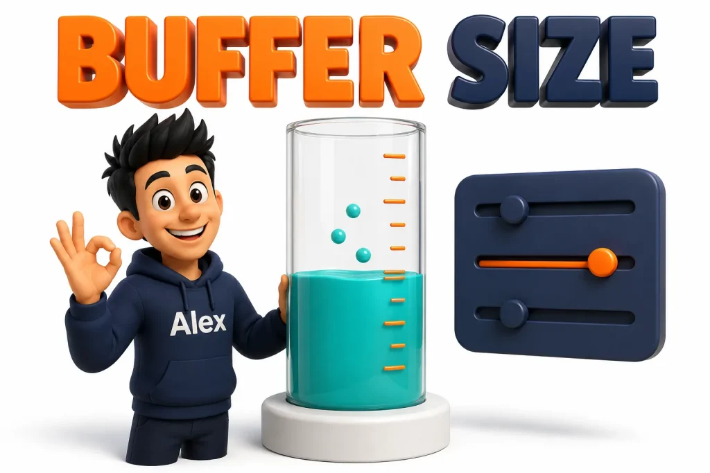 3D cartoon of a buffer size setting shown as a filling glass