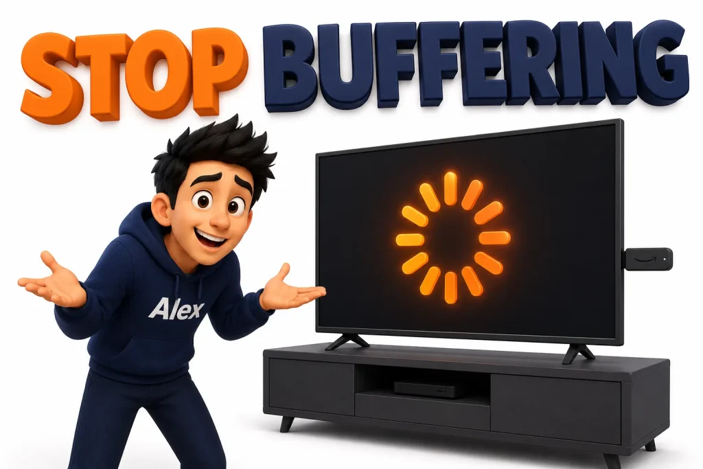 3D cartoon character frustrated by a buffering wheel on a Firestick TV