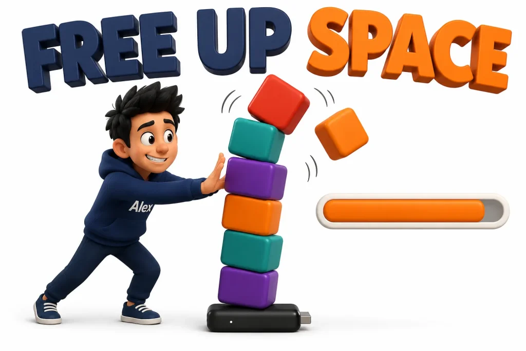 3D cartoon of a streaming stick weighed down by stacked storage blocks