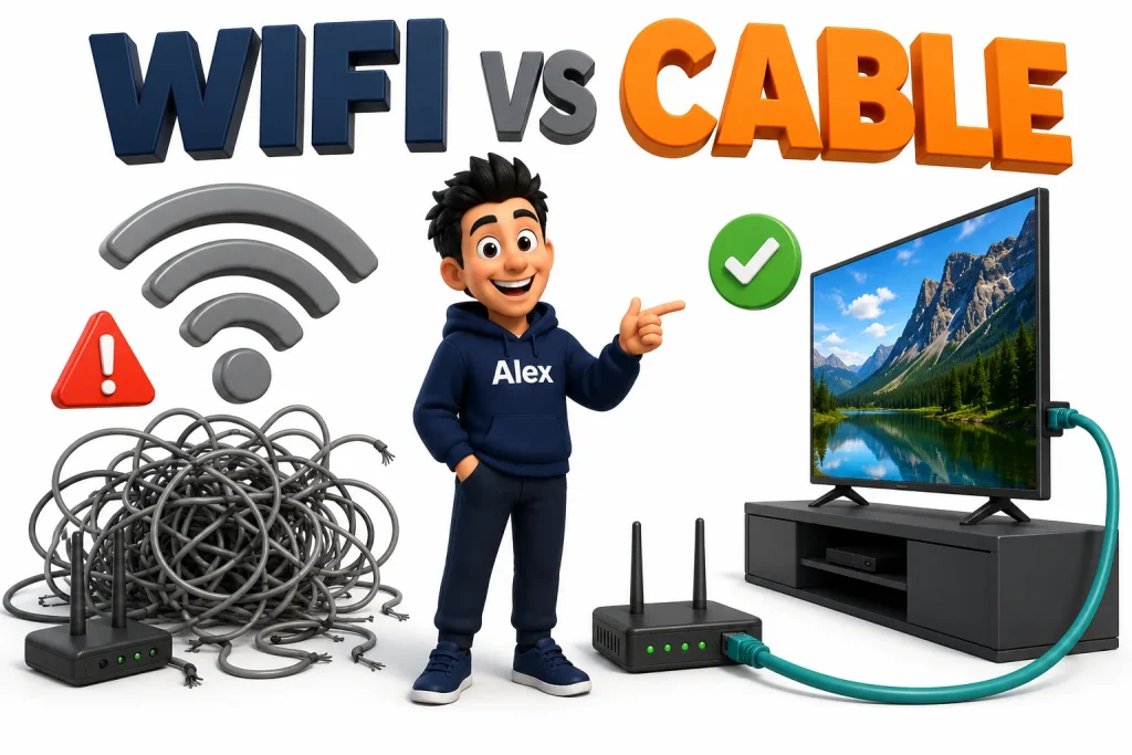 3D cartoon comparing tangled Wi-Fi signal with a clean ethernet cable