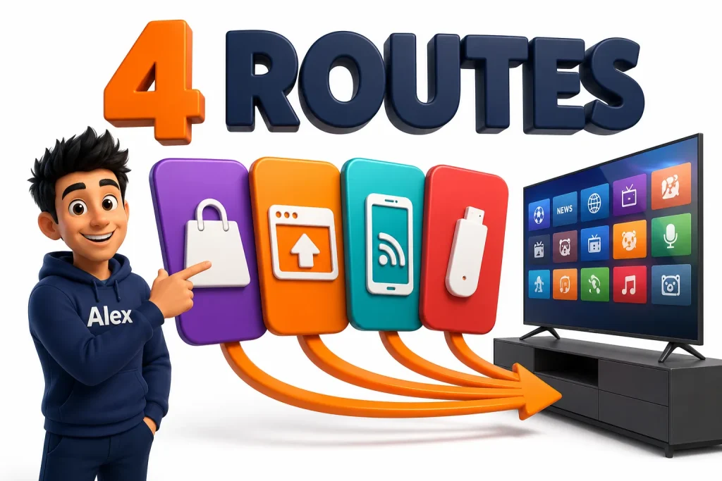 3D cartoon showing four ways to get IPTV onto an LG smart TV