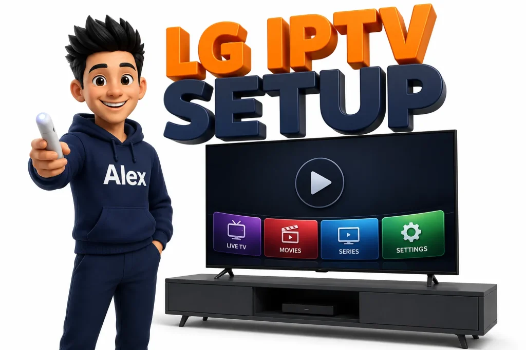 3D cartoon character setting up IPTV on an LG smart TV
