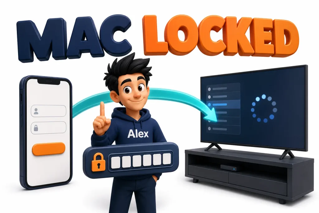 3D cartoon of a phone uploading a playlist to a TV locked to a MAC address