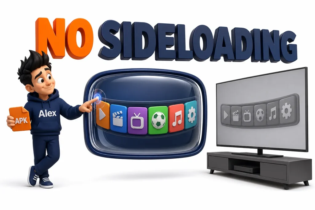 3D cartoon of a sealed app store panel next to an LG television