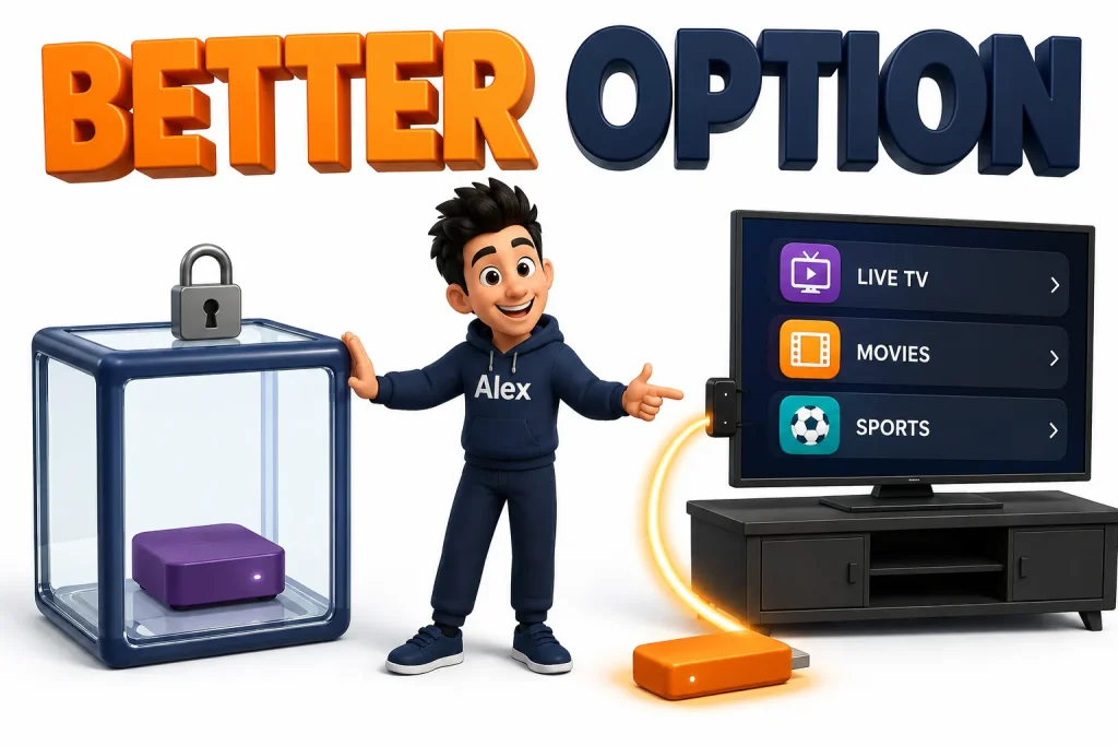 3D cartoon of a small streaming stick replacing a locked Roku box