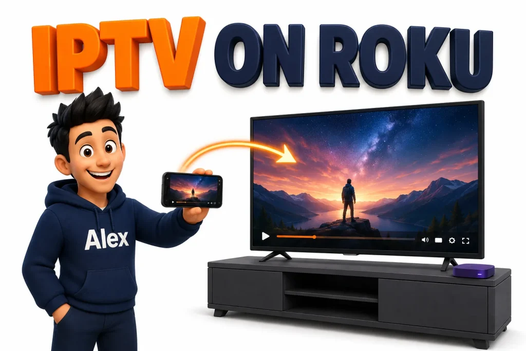 3D cartoon character casting IPTV from a phone to a Roku TV