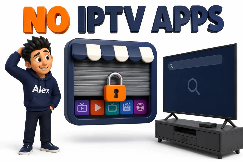 3D cartoon of a closed Roku channel store with a padlock