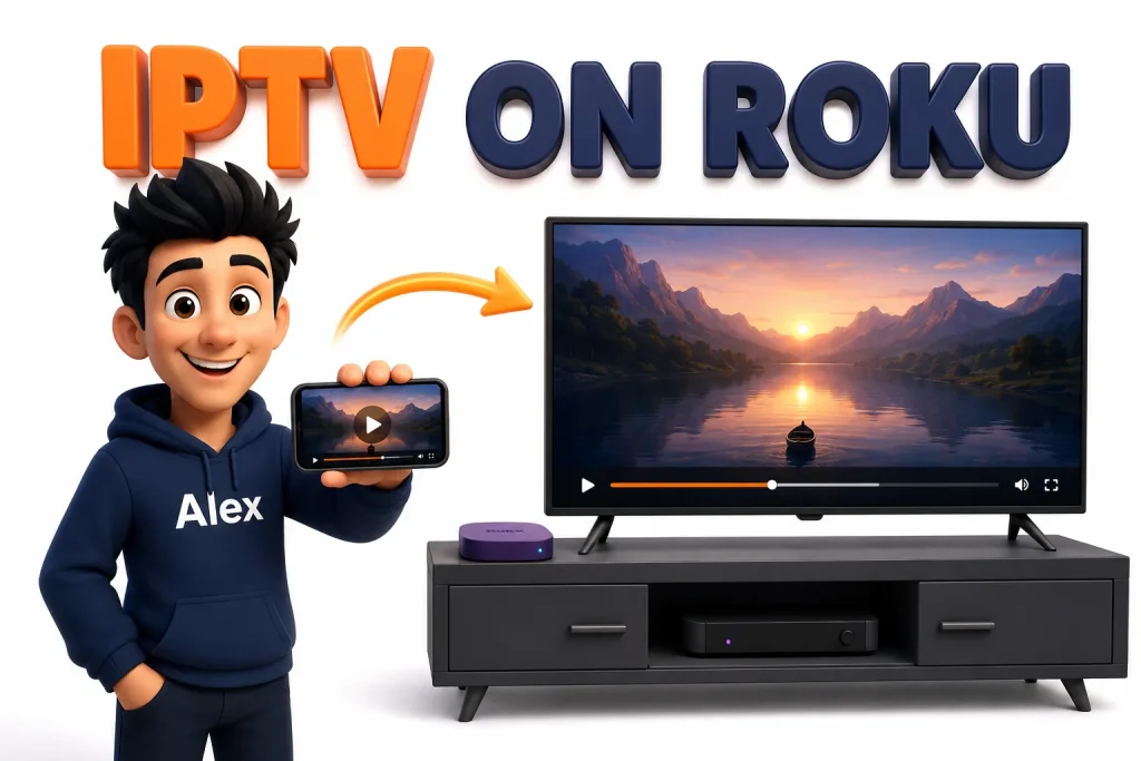 3D cartoon showing phone screen mirroring to a Roku television