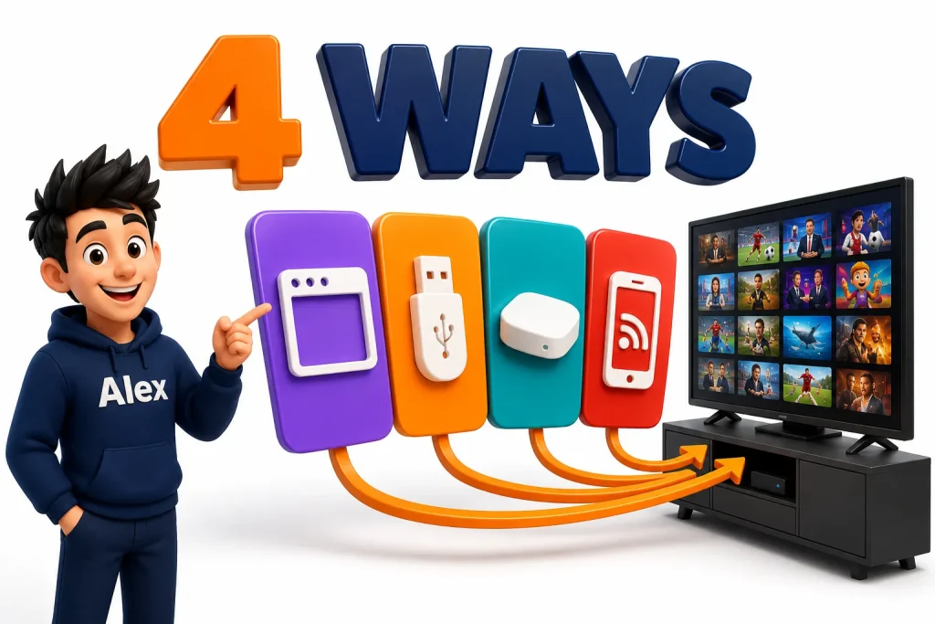 3D cartoon showing four routes to install IPTV on a Samsung smart TV