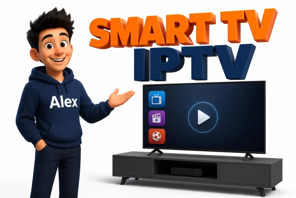 3D cartoon character presenting IPTV setup on a Samsung smart TV