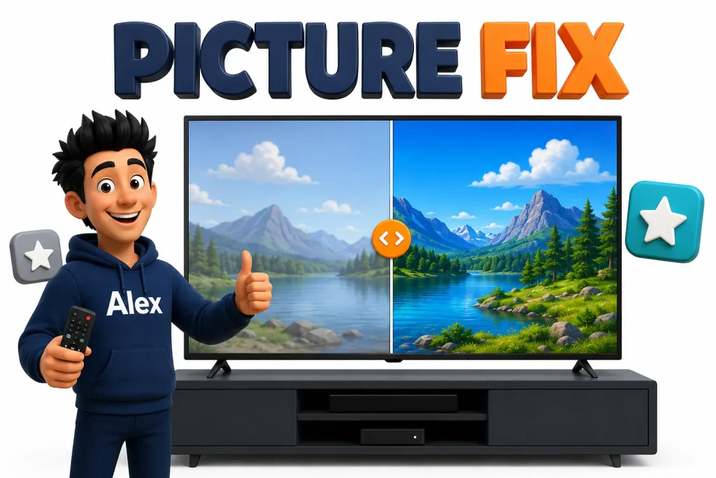 3D cartoon comparing dull and sharp picture quality on a Samsung TV screen
