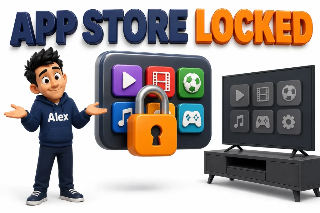 3D cartoon of a padlocked app store panel beside a Samsung smart TV