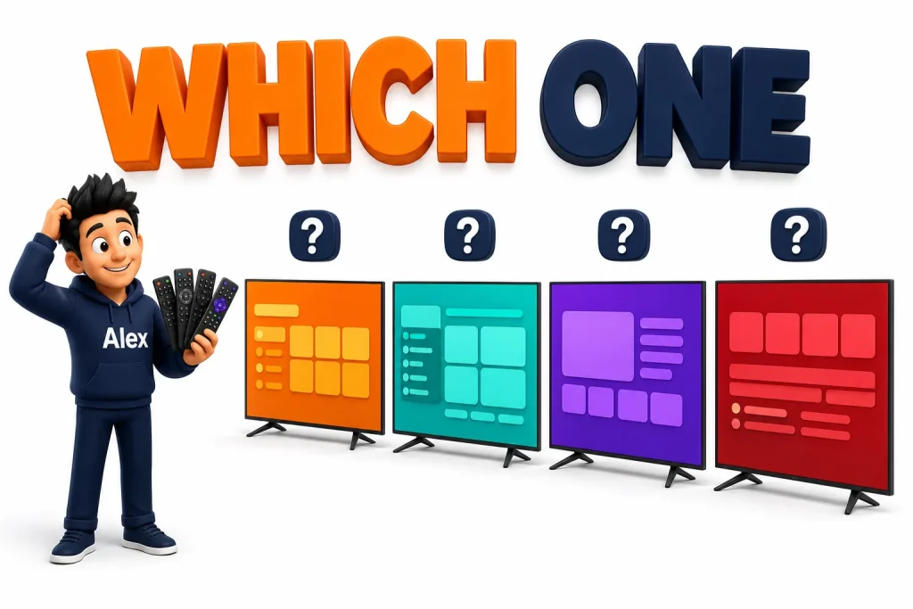 3D cartoon showing four different smart TV systems on identical televisions