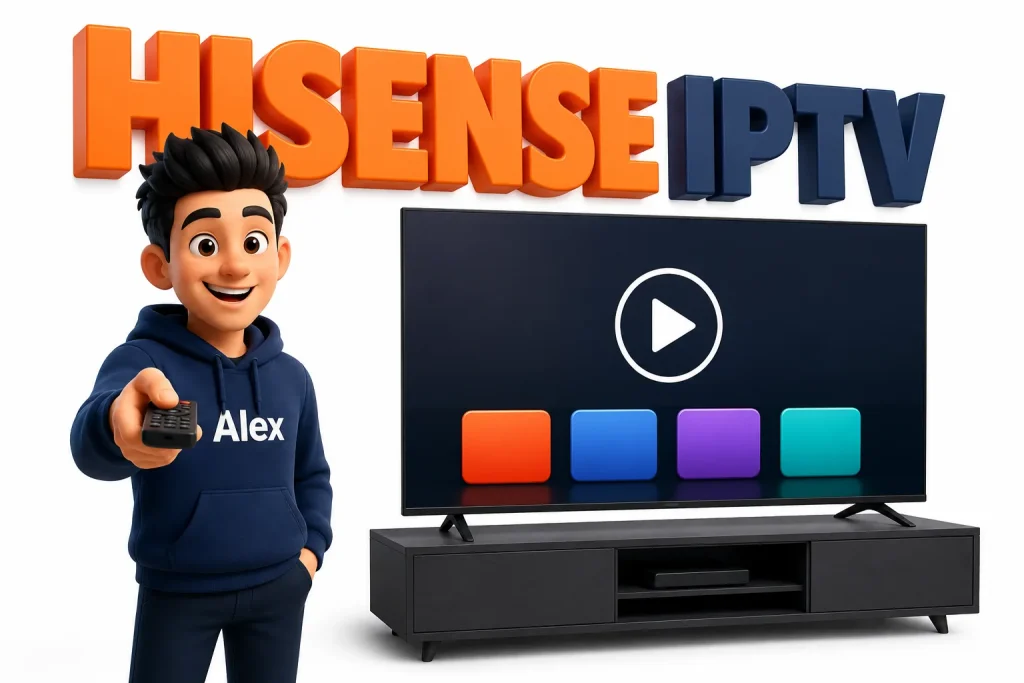3D cartoon character setting up IPTV on a Hisense smart TV
