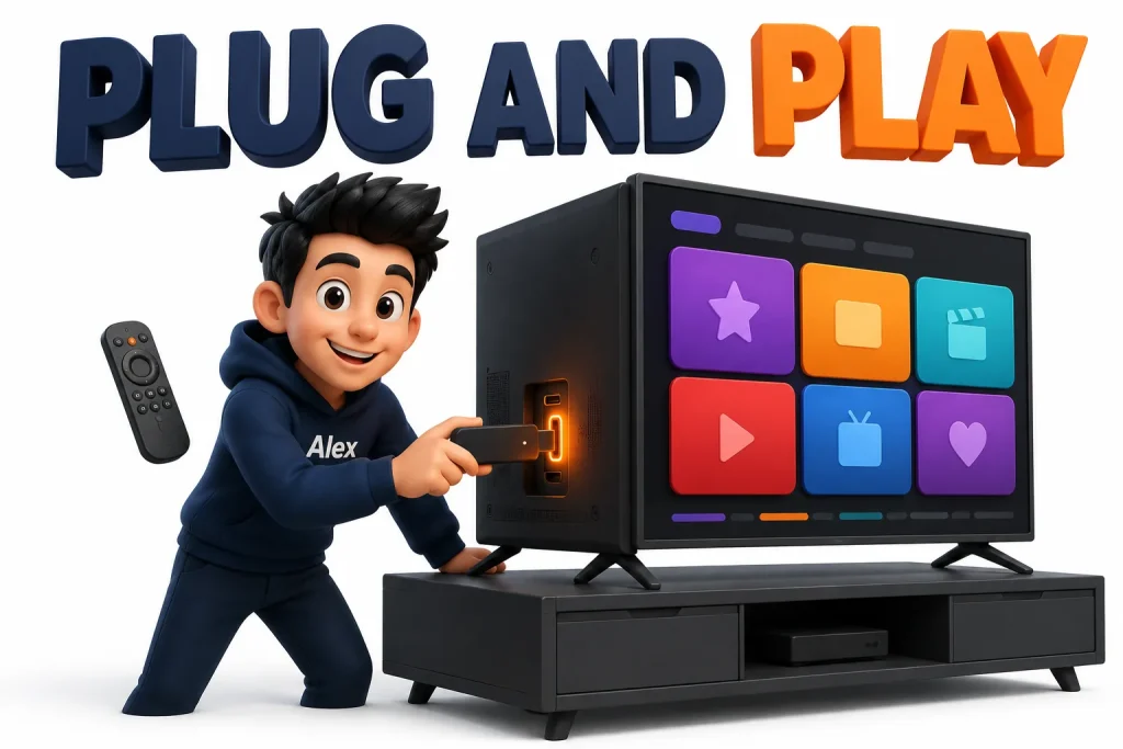 3D cartoon of a streaming stick being plugged into the HDMI port of a TV